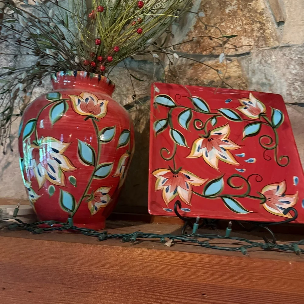Southern Living Hand-Painted Red Floral Ceramic Vase